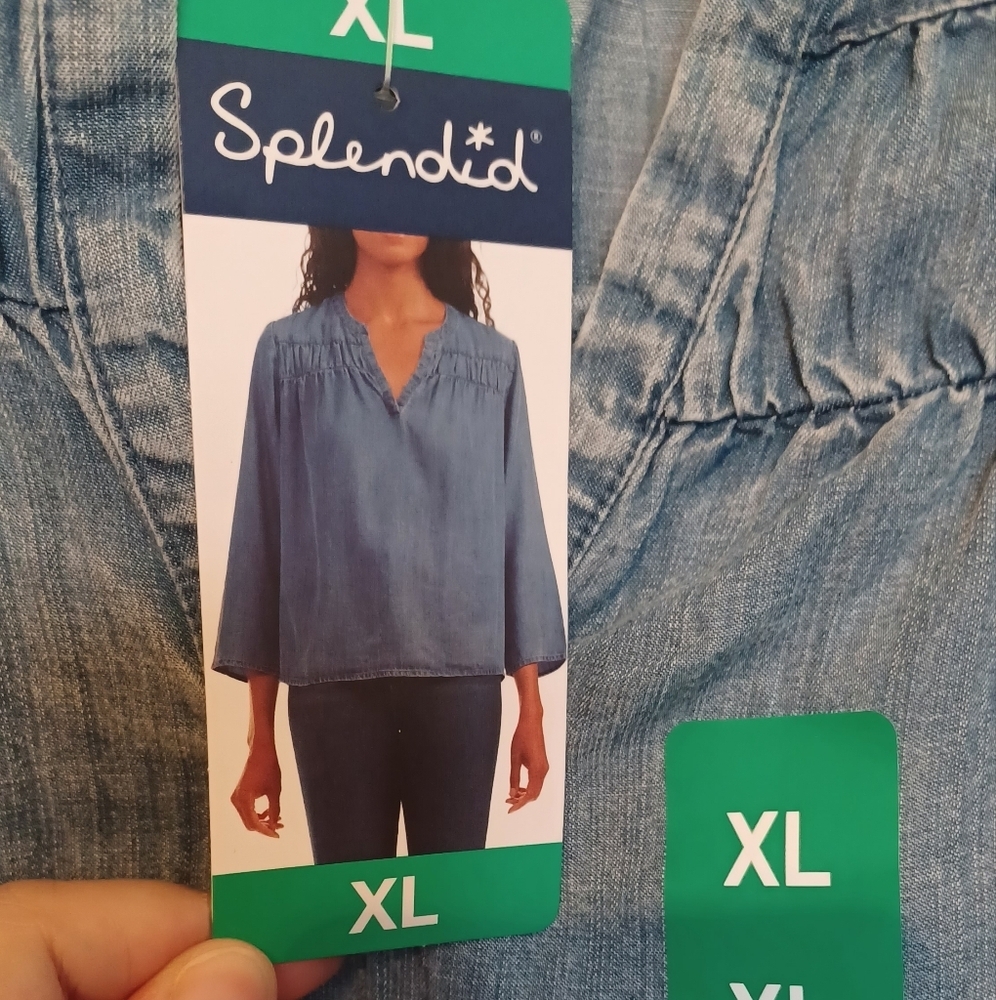 Splendid V-Neck Relaxed Fit Lightweight Denim Blouse Top - Picture 7 of 10